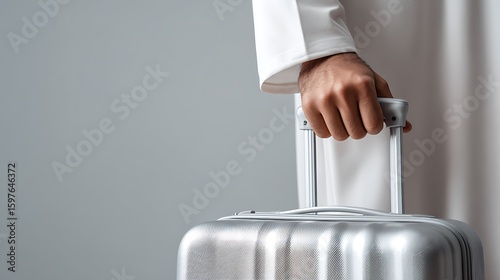 Close-Up of a Muslim Hand Holding a Silver Suitcase – Suitable for Blog Posts, Social Media, and Website Content Related to Travel and Tourism