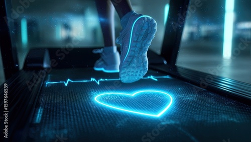Person running on a treadmill with a glowing heart graphic