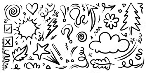 Hand drawn doodle design elements. crown, cloud, Arrow, heart, emphasis, star, leaves and other