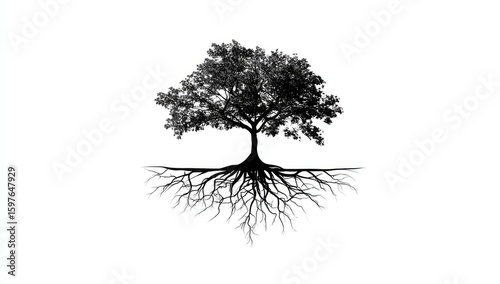 Silhouetted tree with extensive roots against a white background
