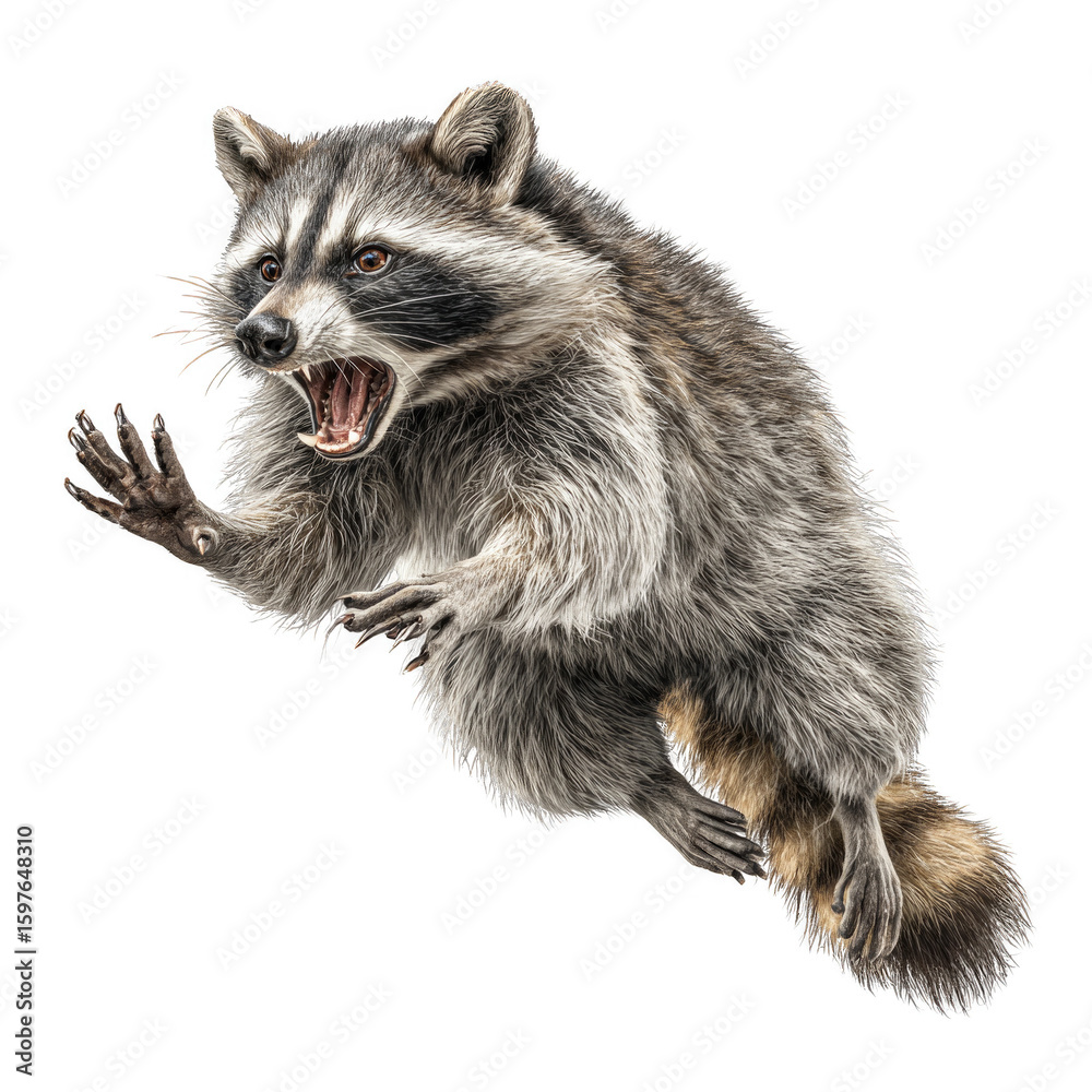Fototapeta premium A raccoon is in the air, with its mouth open and claws outstretched