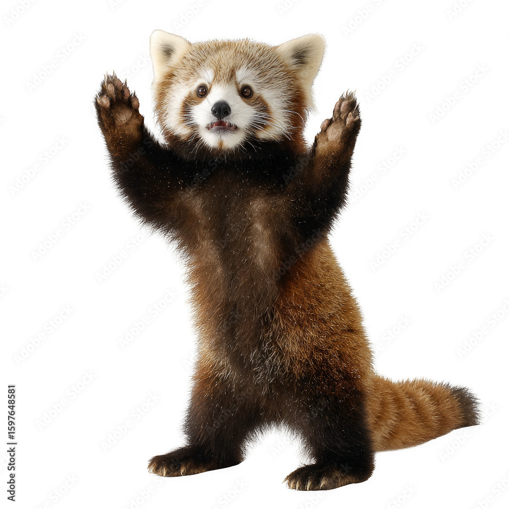 Fototapeta premium A baby panda bear is standing on its hind legs and waving its paws