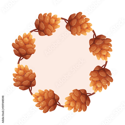Autumn frame made of pine cones. Fall wreath, round harvest garland. Vector seasonal illustration.