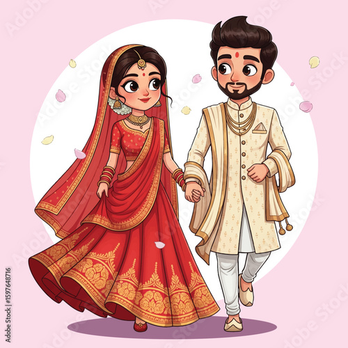 Cute Indian Wedding Couple Walking Together Traditional Bride and Groom Cartoon Illustration