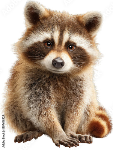 A cute baby raccoon is sitting on its back legs