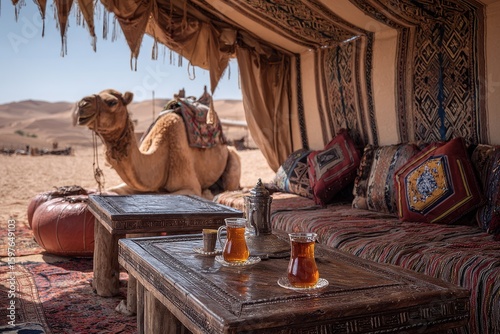 Arabian Tent. Inside the Bedouin Stretch Tent with Tea Glasses on Agafay Desert, Morocco