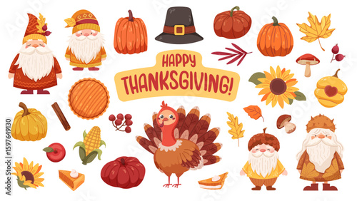 Cartoon set for Thanksgiving. Turkey, festive gnomes, harvest, pies, and festive food. Stickers, vector illustrations for the autumn festival