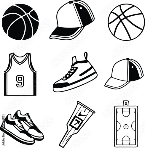 Basketball Uniform, Shoes, Cap and Accessories Icon Set – Vector Silhouettes