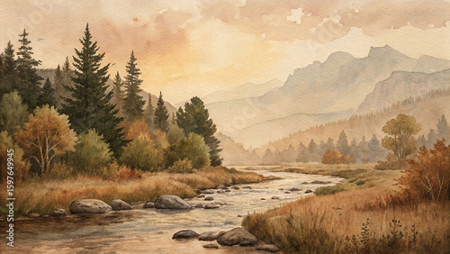 Serene watercolor painting of a river flowing through a forest landscape