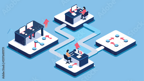 Isometric illustration of office workflow with desks computers and connecting pathways shown