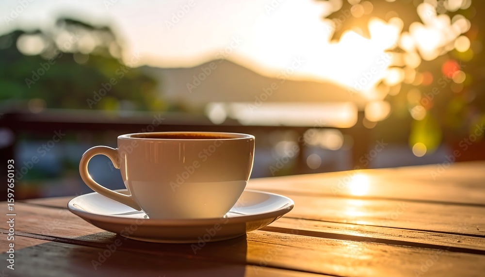 Obraz premium Warm coffee cup on wooden table, serene natural background with golden sunlight.