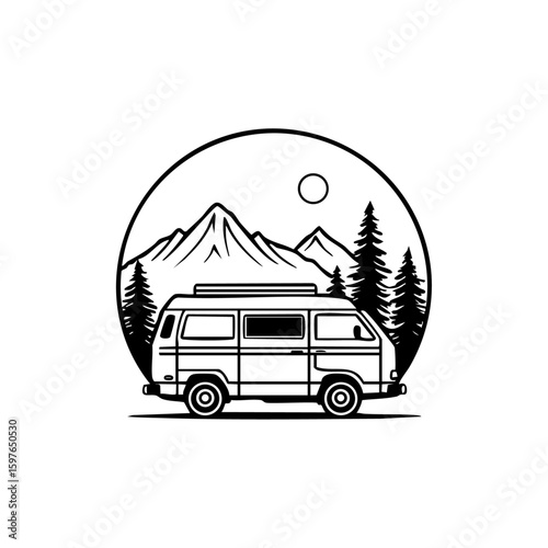 Minimalist black vector of a camper van parked in nature with mountains, pine trees, and sun, symbolizing van life, road trips, and outdoor adventures.

