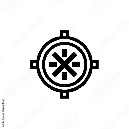 Minimalist black vector icon of a secured vault door with reinforced design and central locking mechanism, symbolizing finance, safety, and protection.

