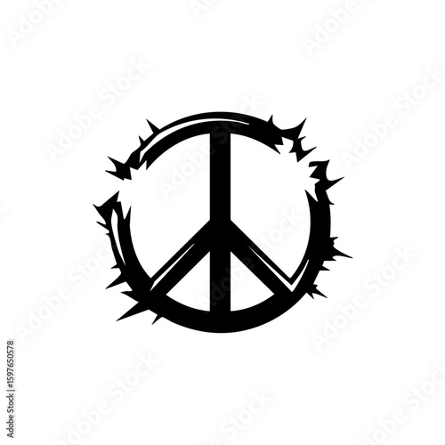 Black vector illustration of a cracked peace symbol encircled by barbed wire, representing broken peace, conflict, or the struggle to maintain harmony.

