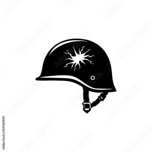 Black vector graphic of a combat helmet with a bullet crack, symbolizing war, military danger, or the cost of battle.

