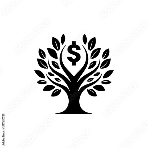 Black vector logo of a stylized tree with a dollar sign growing from the center, representing financial growth, investment, and wealth development.
