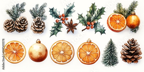 Watercolor christmas ornaments festive holiday decorations including oranges pine cones and holly