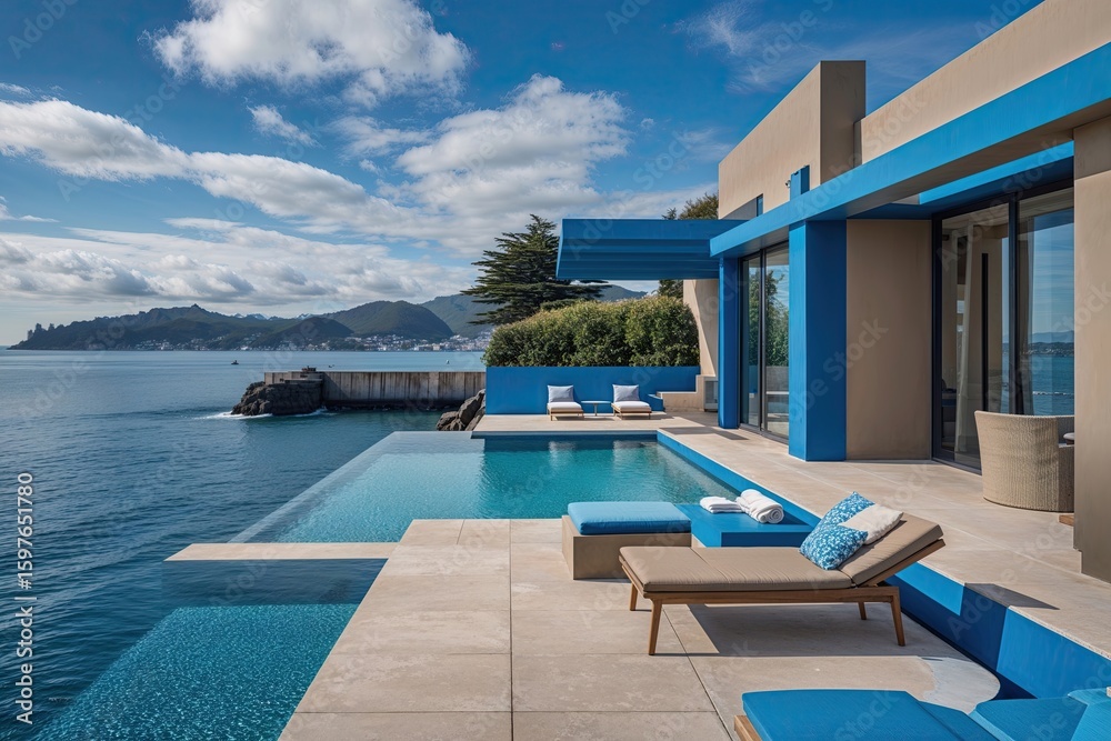 Fototapeta premium Relaxing Coastal Architecture in Cobalt and Taupe Shades Near the Bay