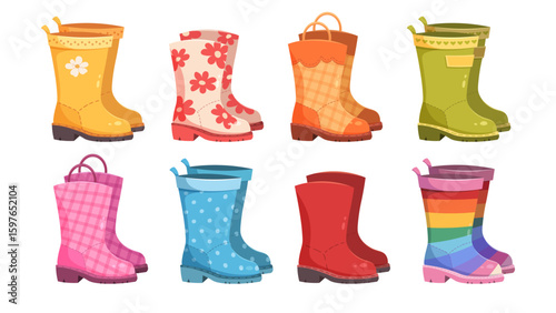 Set of cartoon rubber boots. Autumn footwear for rainy weather, colorful kids' boots for fall. Vector illustrations