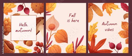 Set of autumn posters with captions. Hello autumn poster, fall vibe. Seasonal frames with yellow leaves. Vector gradient illustration with noise effect, grain texture