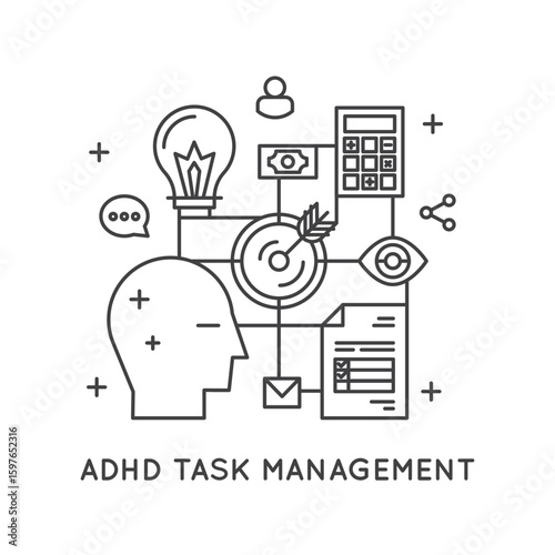 Minimalistic ADHD symbol vector icon. Neurodivergent brain, executive dysfunction, hyperfocus, overstimulation, emotional dysregulation, focus loops, and attention management. Ideal for mental health 