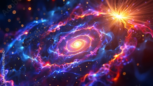 Vibrant Galaxy Formation with Swirling Nebulae and a Bright Central Star Bursting with Energy and Colorful Light