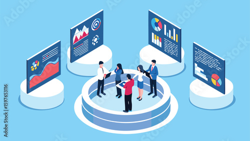 Isometric view of a business team analyzing data displayed on multiple screens in a meeting 100 chars