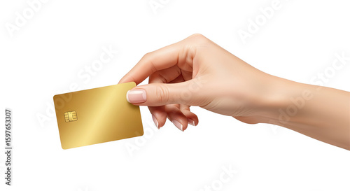 A womans hand holds a gold credit card isolated on a transparent background