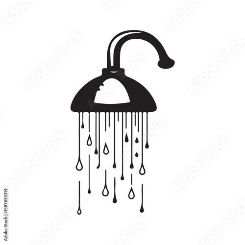 Vector silhouette illustration of a shower head with water drops, symbolizing cleanliness, hygiene and bathroom equipment isolated on a white background.