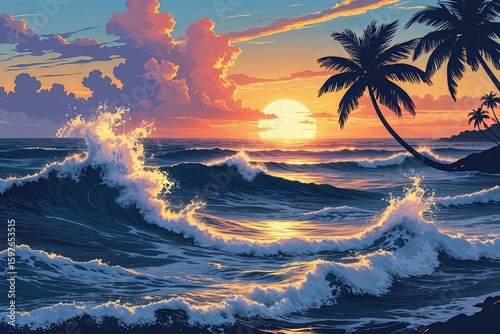 tranquil coastal sunset with summer waves and vibrant colors