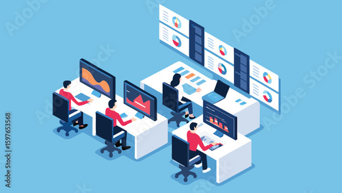 Isometric view of people working at desks with computers and data screens in an office setting