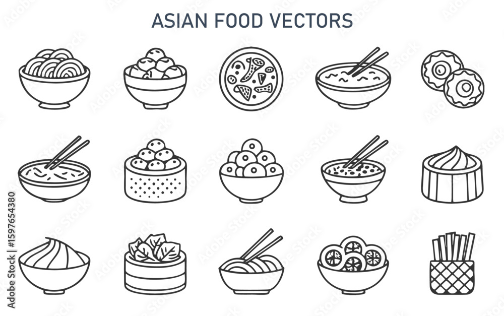 Asian Food & Cuisine Line Art Icon Set

