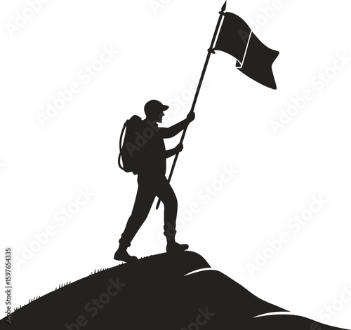 Silhouette of hiker standing on mountain peak holding flag of achievement