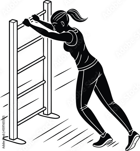 Silhouette of woman doing incline bar workout – bodyweight strength training exercise vector illustration