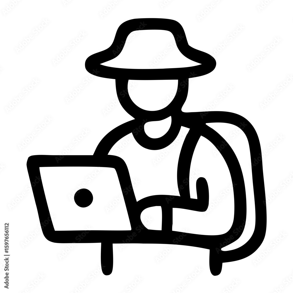 Obraz premium Minimalist Glyph Style Digital Nomad Working Online With Laptop Illustration Icon