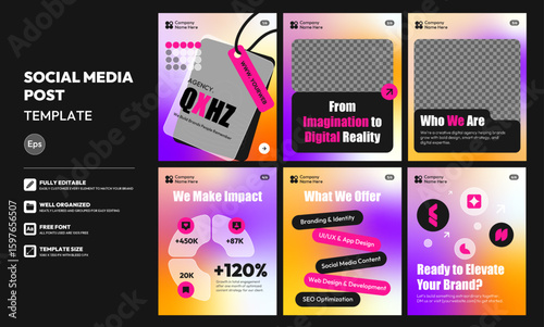 Social media carousel post template. Business Instagram and facebook square post template. Digital agency company post, layout template design, modern, gradient