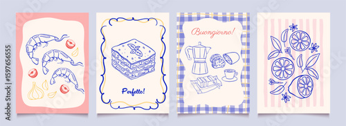 Italian food posters design. Trendy hand drawn art.  Mediterranean eat. Retro vector illustration of shrimp, lasagne, ciabatta, espresso, lemon etc.