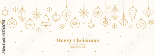 Merry Christmas template background with gold geometric minimalist elements and icons. Abstract trendy banner with vintage tree decorations in simple flat design. Vector illustration.