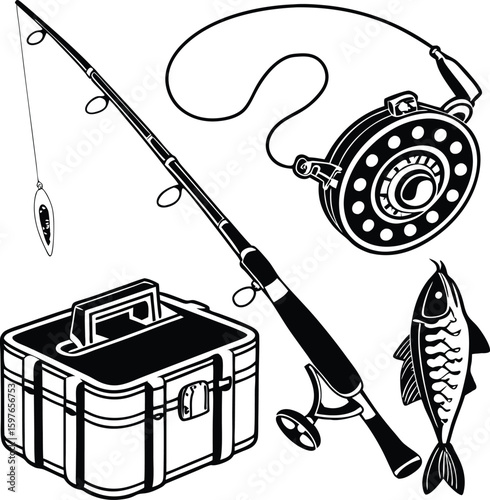 Fishing gear set with rod, tackle box, float and fish – black and white vector illustration