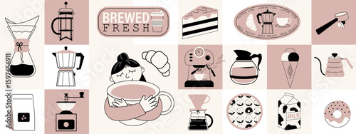 Coffee illustration concept  or icons for menu, kitchen, cafe, poster design. Pour-over coffee,  kettle,  grinder, french press, milk. Vector minimalist art.