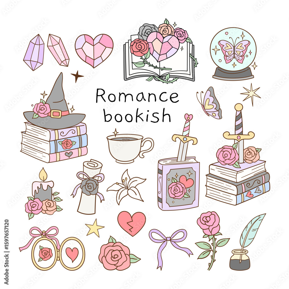Fototapeta premium Draw vector illustration collection fantasy book Girls reading Romance novel Doodle cartoon style