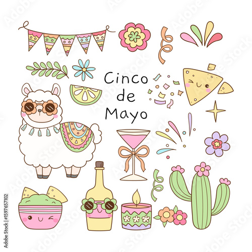 Draw vector illustration collection cute Cinco de Mayo element Mexico holiday Classroom decor Doodle cartoon style