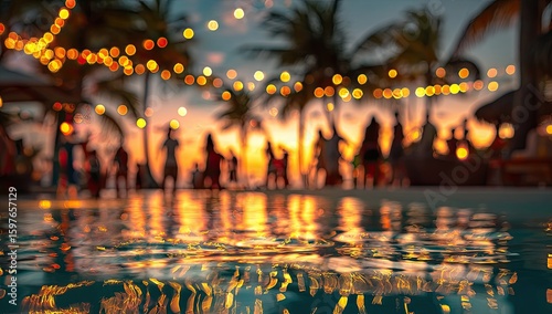 Blurry beach party at sunset