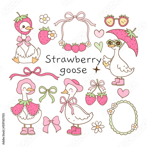 Draw vector illustration collection funny strawberry goose Pink summer Classroom decor Doodle cartoon style