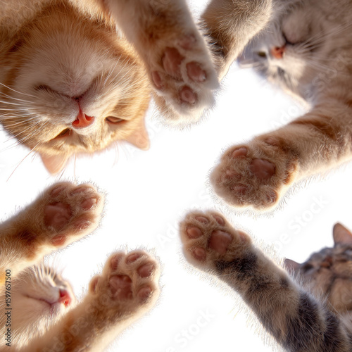 Four cats are playing with each other, with their paws touching each other