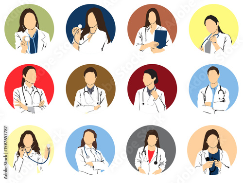 set of  doctors ,women in different poses ,doctors profile