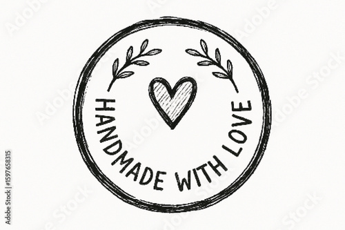 Sketchy circular stamp with heart and foliage hand drawn