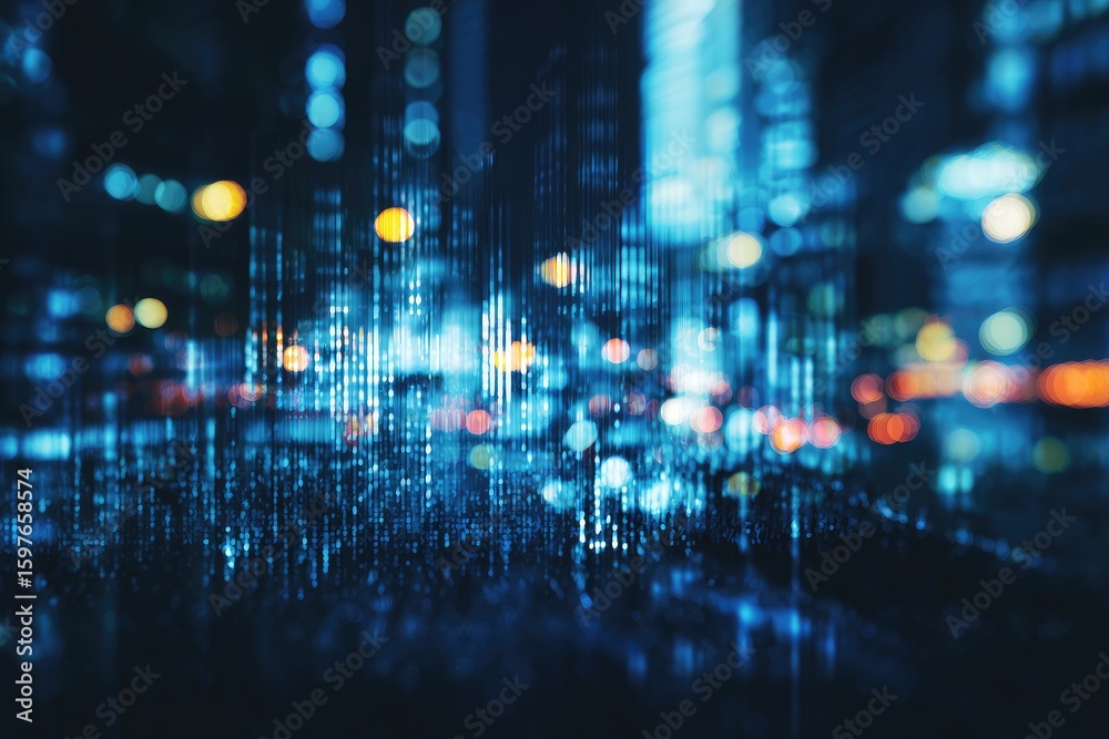 Fototapeta premium Abstract cityscape at night, blurred digital data overlay