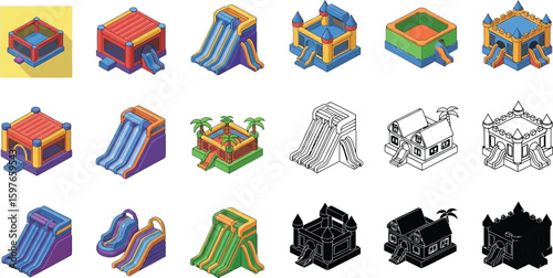 Isometric inflatable bouncers and slides vector collection for party rentals and event planning designs