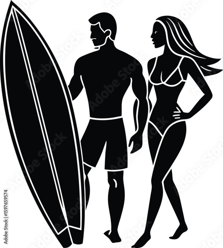 Surfer silhouettes ride a summer wave on the beach, showcasing active lifestyle and ocean fun, coastal view, fun activity, ocean life
